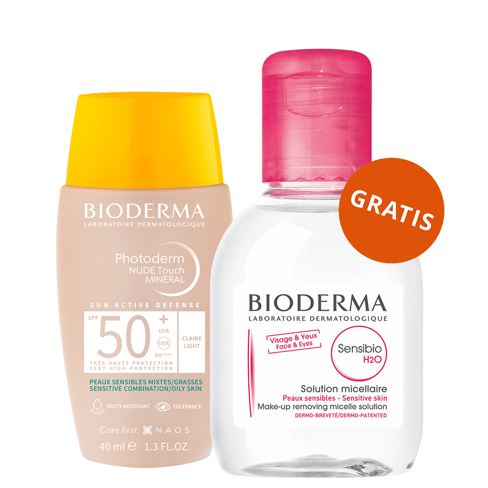Bioderma Photoderm Nude Touch, podkład mineralny z efektem nude, odcień jasny, SPF 50+, 40 ml + woda micelarna, skóra wrażliwa, 100 ml gratis