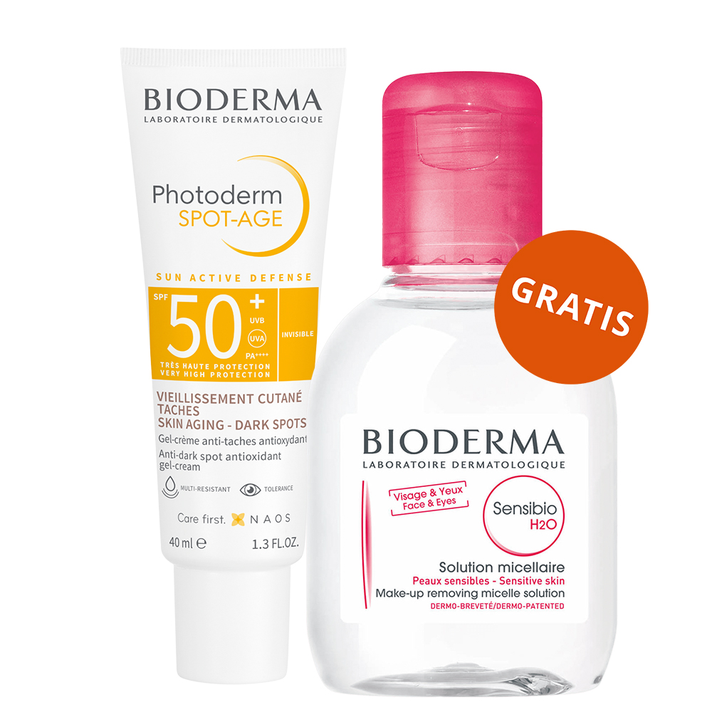 Bioderma Photoderm Spot-Age, ochronny krem antyoksydacyjny, zapobiegający przebarwieniom, SPF 50+, 40 ml + woda micelarna, skóra wrażliwa, 100 ml gratis