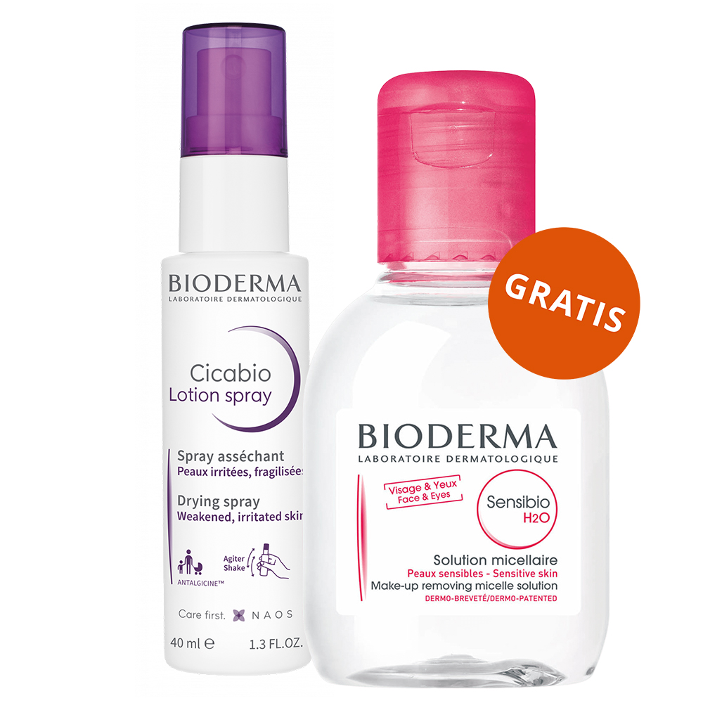 Bioderma Cicabio Lotion Spray, kojąco-naprawczy spray osuszający rany, 40 ml + woda micelarna, skóra wrażliwa, 100 ml gratis