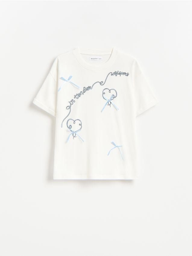 Reserved - Bawełniany t-shirt z kokardkami - złamana biel