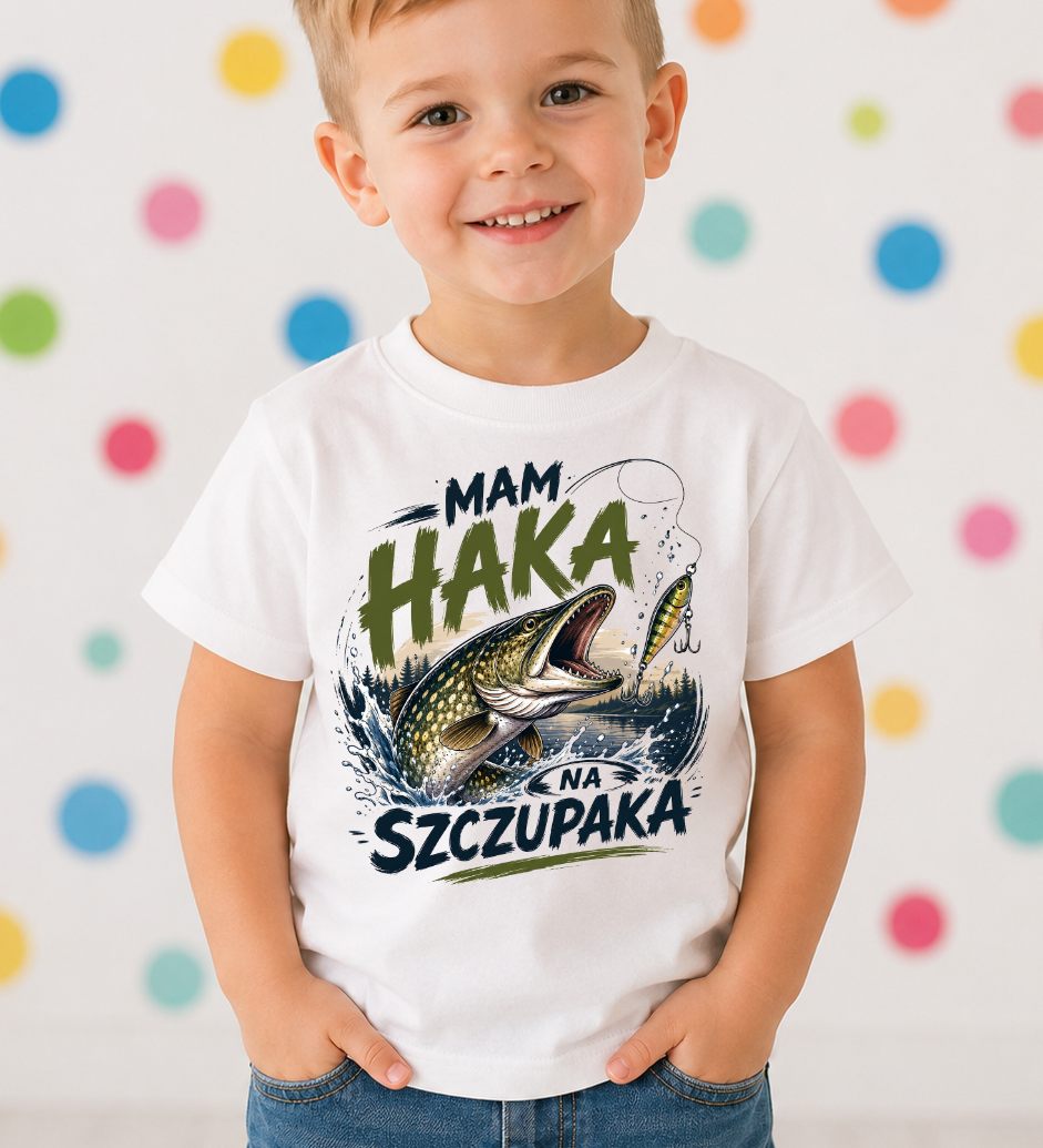 Koszulka dla chłopczyka z motywem wędkarskim MAM HAKA NA SZCZUPAKA
