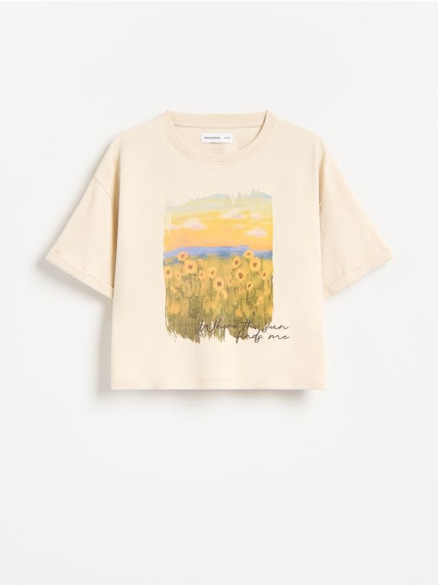 Reserved - Bawełniany t-shirt z aplikacją - beżowy