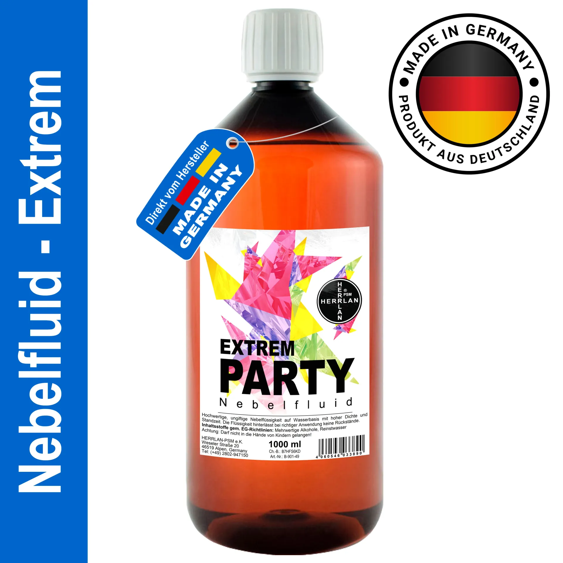 HERRLAN ® EXTREMELY Fog Fluid Płyn do wytwornicy dymu na bazie wody o niezwykle wysokiej gęstości i długotrwałym działaniu - Wyprodukowano w Niemczech
