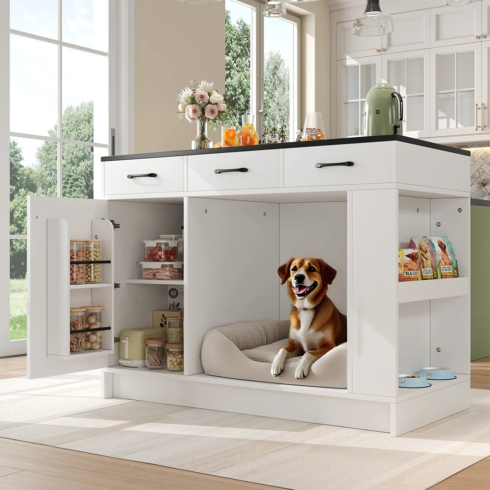 Wyspa kuchenna z szufladą i półką na przyprawy, szafka kuchenna z obszarem dla zwierząt, wózek kuchenny z obszarem dla zwierząt, 120x60x90 cm (Biały i Naturalny + Szary)
