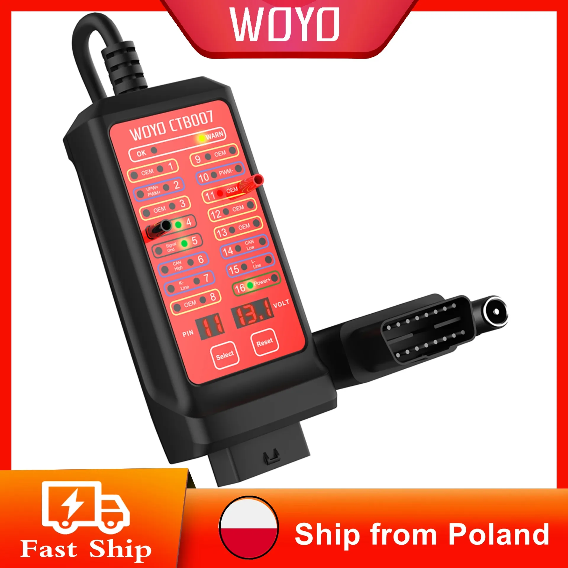 WOYO 9V-30V OBD 2 Breakout Box z wtyczką zasilającą i przedłużaczem 59 cali, samochodowe narzędzie diagnostyczne, cyfrowe 16-pinowe napięcie VPP
