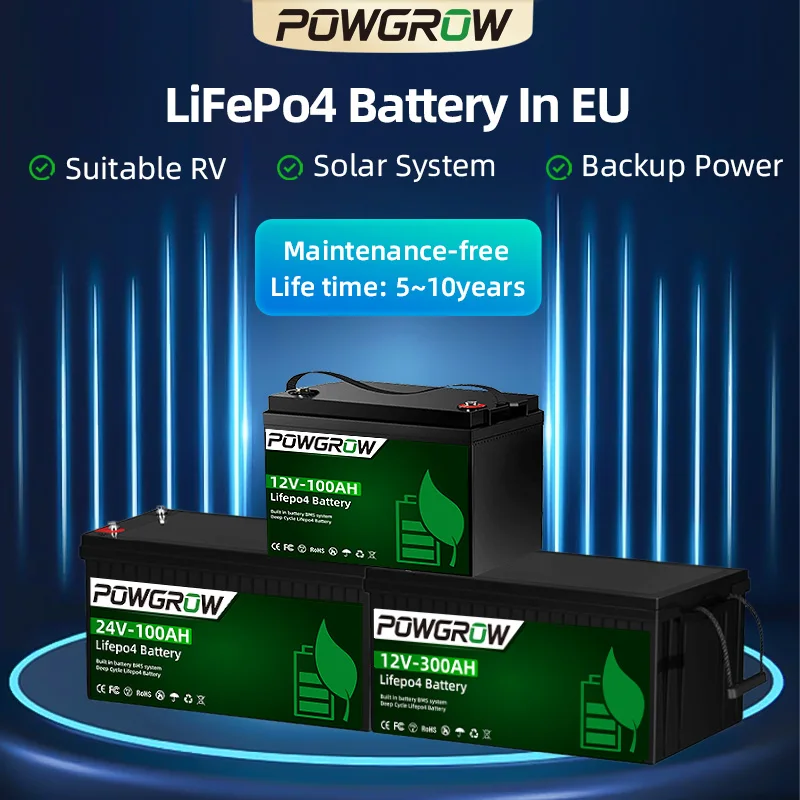 POWGROW 300Ah Bateria LifePo4 12V/24V 100Ah Litowa Bateria Solarna Ogniwa Klasy A Bateria Żelazowo-Fosforanowa +6000 Cykli Wbudowany BMS Magazyn Energii Domowej Bez VAT w Polsce