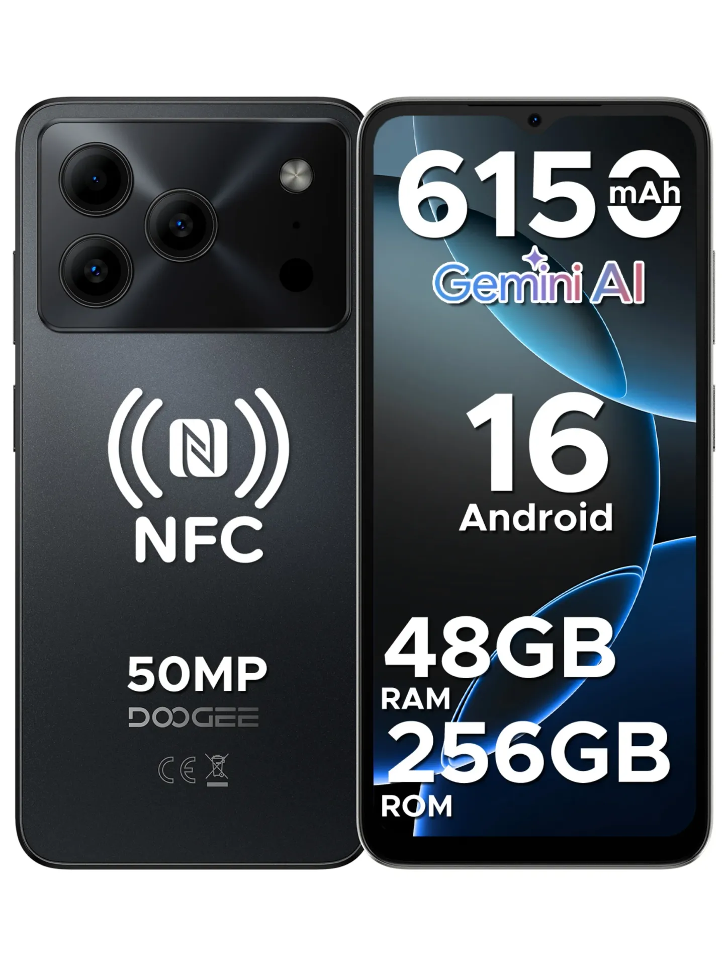 DOOGEE Note56 Plus Android 16 Smartphone 48GB 256GB 6150mAh Duża Bateria 6.56'' Wyświetlacz 90Hz Aparat 50MP NFC Telefony Komórkowe 6GB 256GB Black