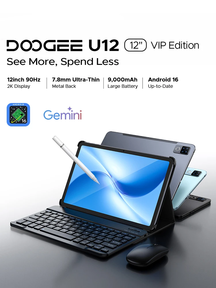 DOOGEE U12, Android 16, ekran 12'', 24GB RAM (6GB+18GB), 128GB, bateria 9000mAh, UNISOC T7255, Widevine L1, podwójne głośniki.