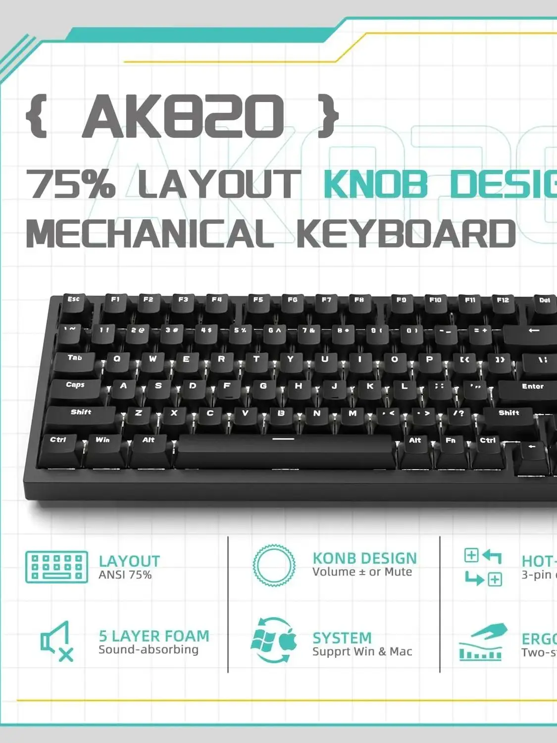 Klawiatura mechaniczna do gier Ajazz AK820/AK820Pro, Bluetooth 2.4G, bezprzewodowa/przewodowa, z przyciskami głośności z możliwością wymiany podczas pracy.
