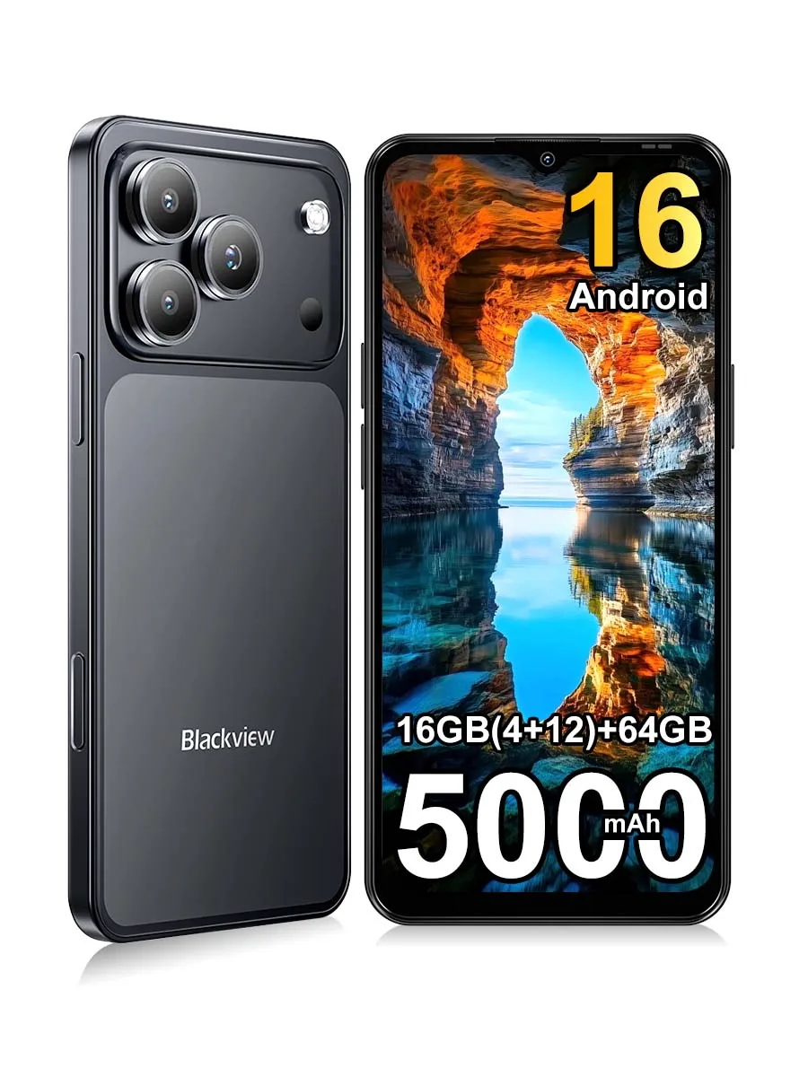 Smartfon Blackview WAVE 7C, 6,56-calowy wyświetlacz HD+ IPS, bateria 5000 mAh, 16 GB (4+12) + 64 GB, telefon Unisoc, aparaty 32 MP + 13 MP, 4G, Android 16, Dual SIM Niebieski