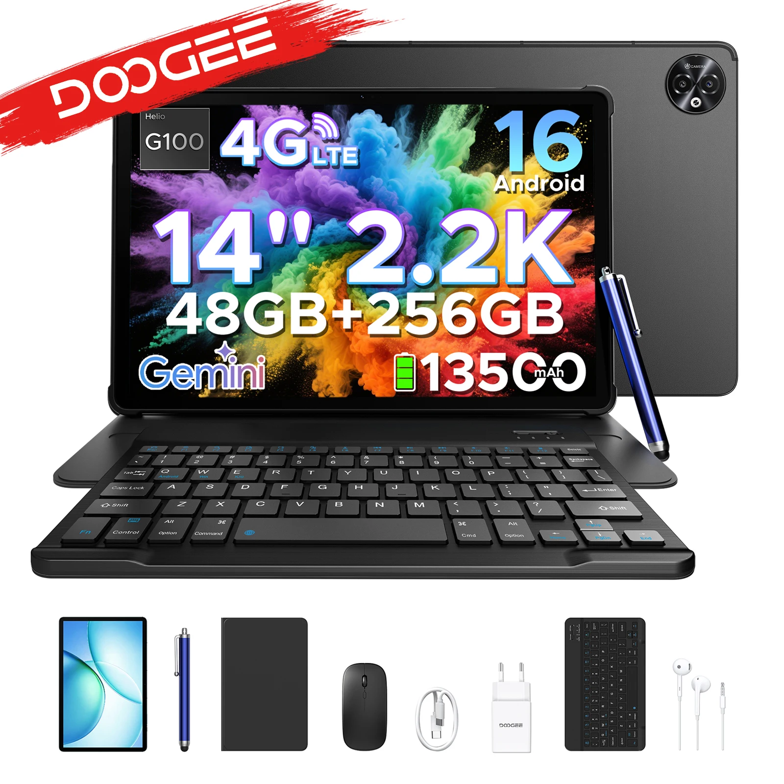 DOOGEE 2 w 1 Tab E3 Max Gmini AI, ekran 14 cali 2.2K, bateria mAh, Android 16, 48 Go (8 + 40) 256 Go, Helio G100 AI Tablet
