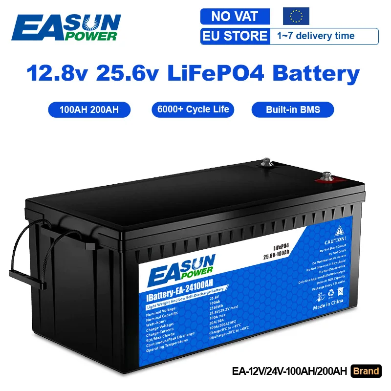 Akumulator EASUN 300AH 100AH Lifepo4 12V 24V, pakiet baterii litowo-żelazowo-fosforanowych do systemów solarnych, akumulator litowo-żelazowo-fosforanowy z BMS, klasa A, ponad 6000 cykli ładowania.