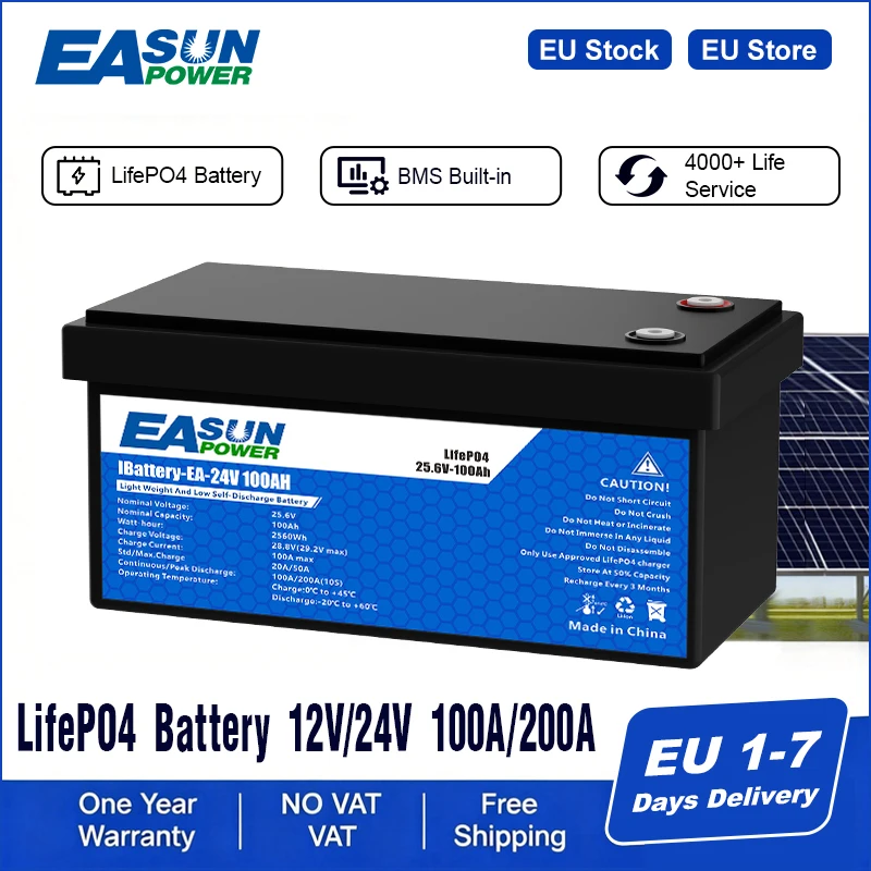 Akumulator Easun LifePO4 12V/24V 100Ah/200Ah 1280W/2560W, klasa A, BMS, możliwość łączenia równolegle i konfiguracji +4000 cykli życia, magazyn w Polsce