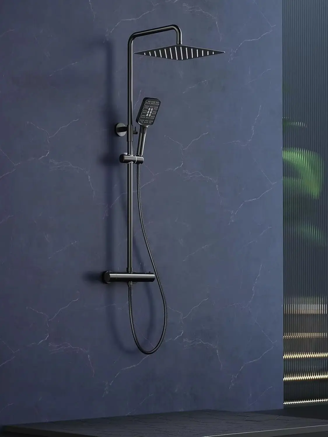 Termostatyczny system prysznicowy Czarny-30x30 cm Narożna deszczownica ze stali nierdzewnej, zestaw prysznicowy w komplecie. Słuchawka prysznicowa (3 tryby), z regulacją wysokości