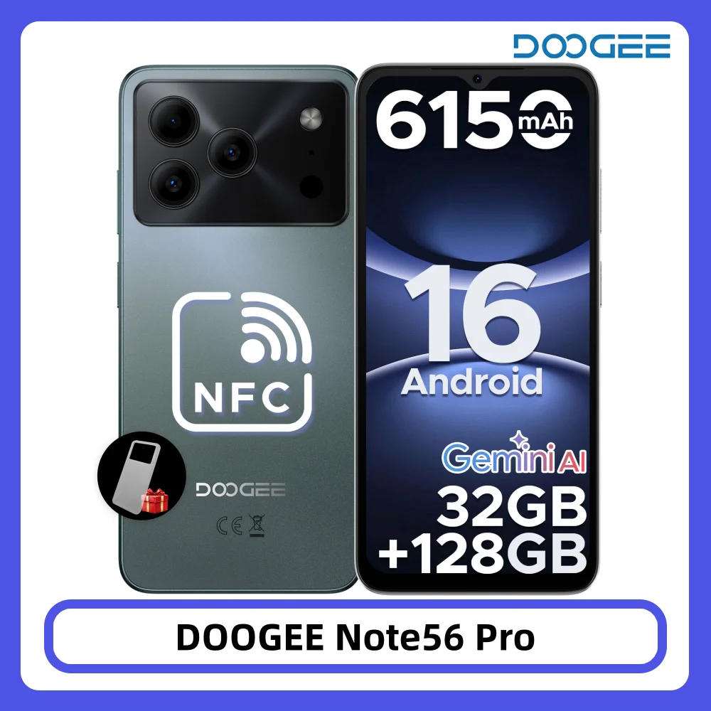Smartfon DOOGEE Note56 Pro Android 16, bateria 6150mAh, 32GB/128GB, ekran 6.56'' 90Hz, Gemini AI, NFC, Widevine L1, telefon komórkowy