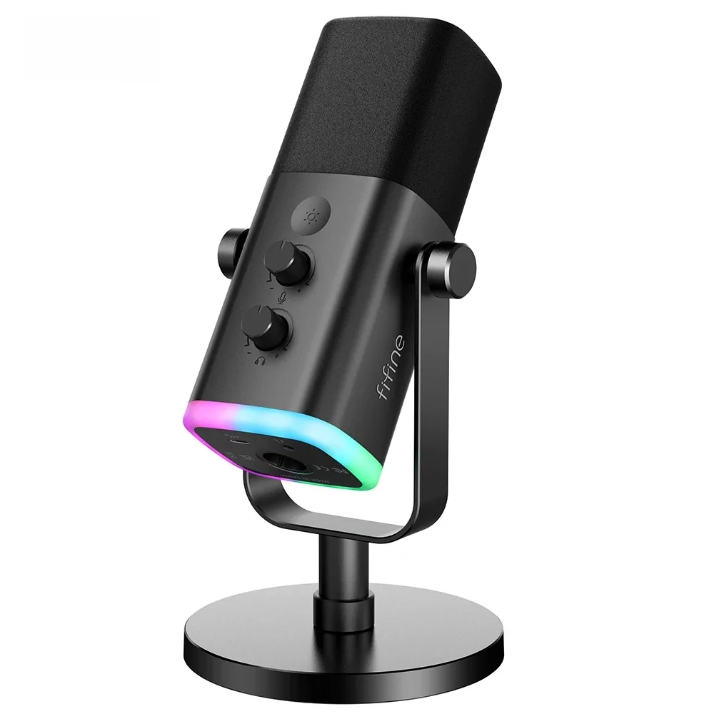 FIFINE USB/XLR mikrofon dynamiczny z dotykowym przyciskiem wyciszenia, gniazdem słuchawkowym, sterowaniem we/wy, do miksera PC PS5/4, mikrofon do gier Ampligame AM8