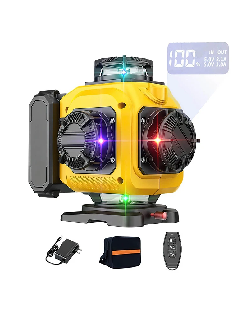 Profesjonalny laserowy poziomica 4D z 16 liniami, automatyczna, 360 stopni ° Poziome i pionowe linie laserowe, poziomice laserowe z wyświetlaczem mocy, zielona wiązka laserowa