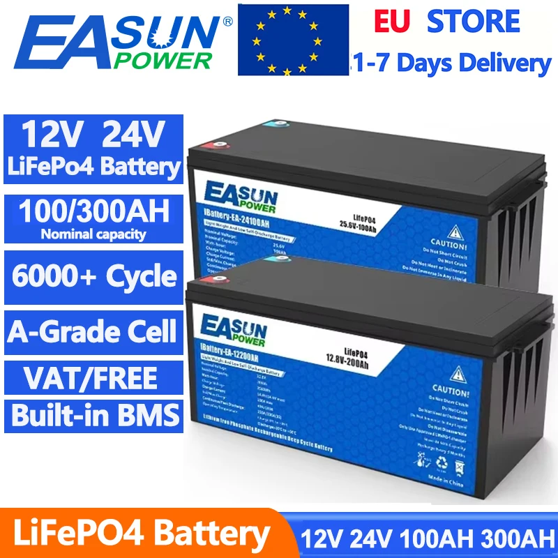 EASUN 12V 24V Akumulator LiFePo4 100AH 300AH - 6000+ cykli głębokiego rozładowania, ochrona BMS, ogniwa klasy A, dostępność w UE, bez podatku, do kamperów, solarnych systemów, łodzi.