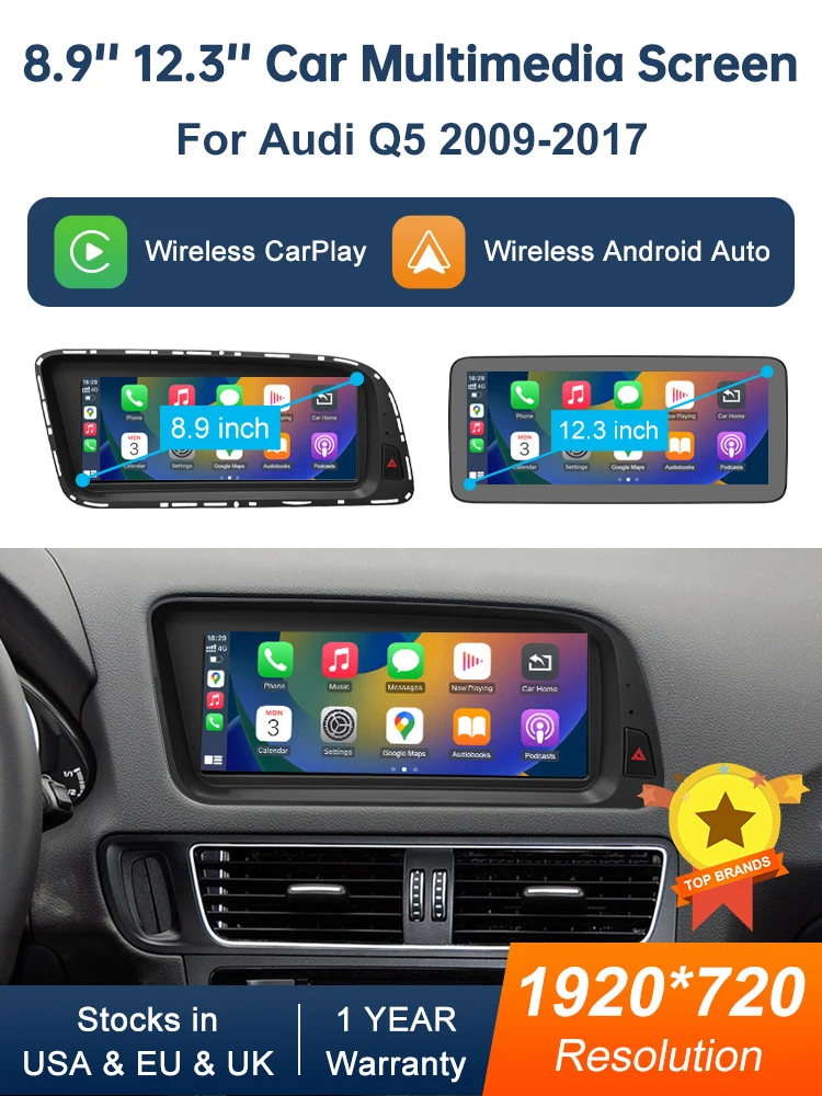 8,9-calowy dotykowy ekran multimedialny Road Top do Audi Q5 2009-2017 z funkcją Airplay, Miracast, bezprzewodowym Carplay i Android Auto
