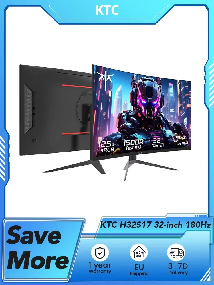 Monitor gamingowy KTC H32S17, 32 cale, 2560x1440 QHD, 180Hz, HVA, zakrzywiony 1500R, jasność 300cd/m2, 125% SRGB, czas reakcji 1ms (MPRT)