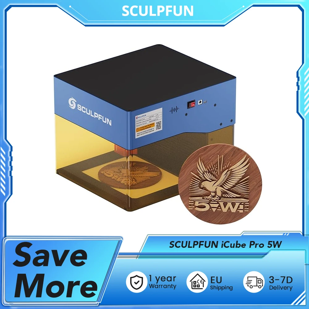 SCULPFUN iCube Pro 5W Laserowa Grawerka, Rozmiar Ścięcia 0,06mm, Prędkość Grawerowania 10000mm/min, Wymienna Soczewka, Filtr Dymu, Obszar Grawerowania 130x130mm