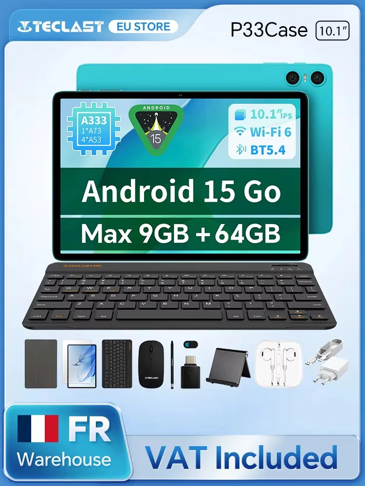 Teclast P33 z Androidem 15, 10,1 cala, maksymalnie 9 GB RAM, 64 GB ROM, 1280x800 IPS, A333, 5 rdzeni, 6000 mAh, Type-C