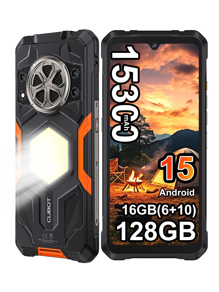 Wytrzymały smartfon CUBOT King Kong Power 5 G100 z Androidem 15, bateria 15300mAh, ekran 6.88 cali 120Hz, 16GB RAM (6+10), 128GB ROM, 64MP, funkcja lampy kempingowej.