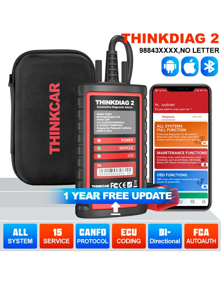THINKCAR ThinkDiag 2 Pełny system protokołu CANFD 15 Resetów 1 Rok Darmowe Narzędzia Diagnostyczne OBD2 Skaner Dwukierunkowy Kodowanie ECU