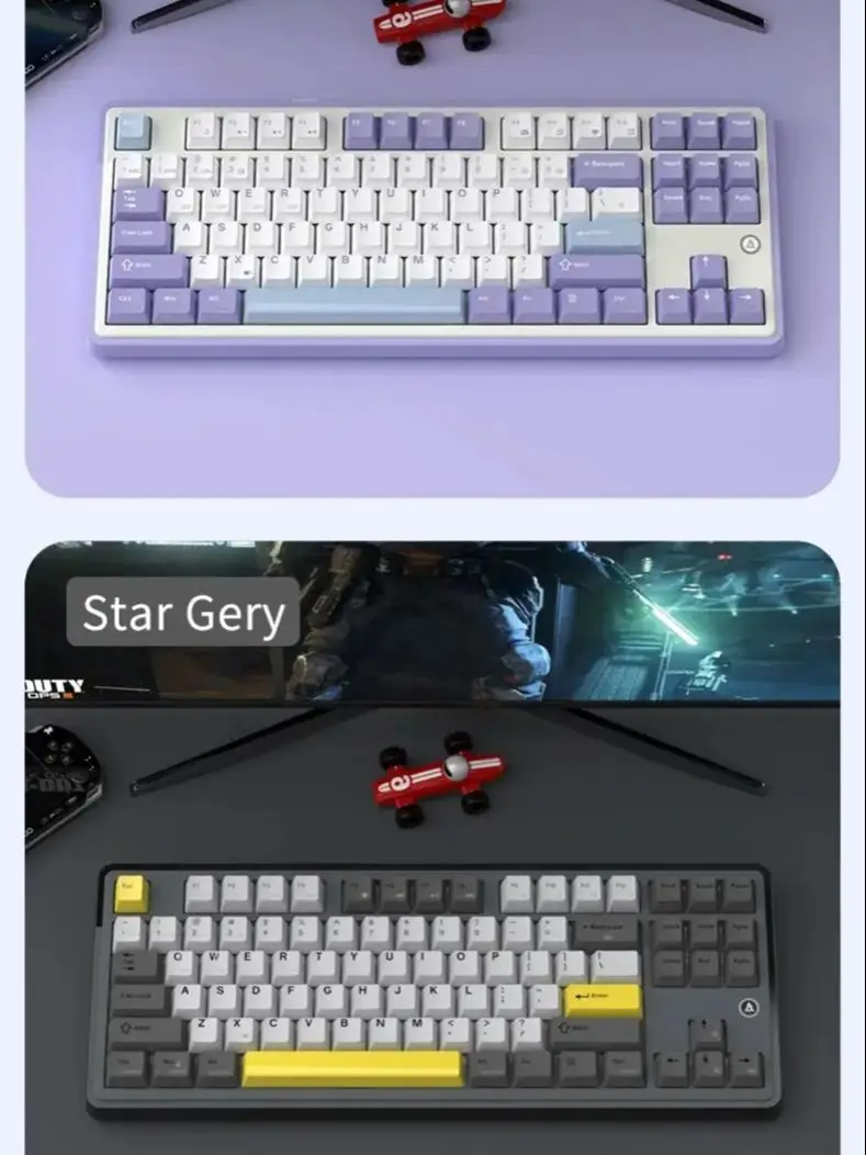 Klawiatura mechaniczna AJAZZ AK870, bezprzewodowa, 3 tryby, z możliwością wymiany podczas pracy (hot-swap), ekran TFT, 87 klawiszy (z ściągaczem do keycapów), BT5.0/2.4GHz/USB-C Fioletowy biały niebieski