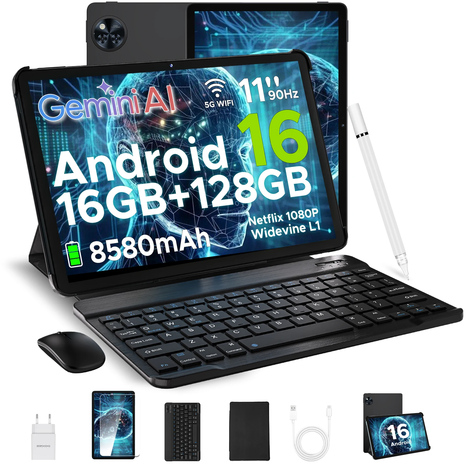 DOOGEE U11 Tablet z Androidem 16, 11-calowy ultra-jasny ekran 90Hz, 4GB RAM, 128GB ROM, bateria 8580mAh, podwójny głośnik, obsługa Widevine L1