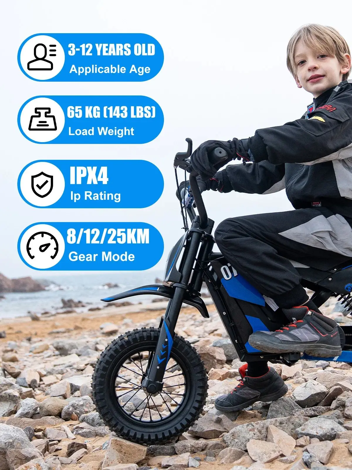 Elektryczny motocykl dla dzieci EVERCROSS TECH EV12M-motor 300W, maksymalna prędkość 25 km/h, zasięg 15 km, opony 12-calowe