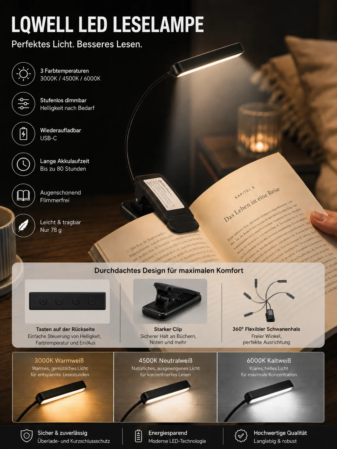 LQWELL ® 3 × lampka nocna do czytania, ładowana przez USB, 3 temperatury barwowe, 10 poziomów jasności, płynna regulacja jasności, obrót o 360 stopni ° Elastyczna lampka do czytania dla dzieci i