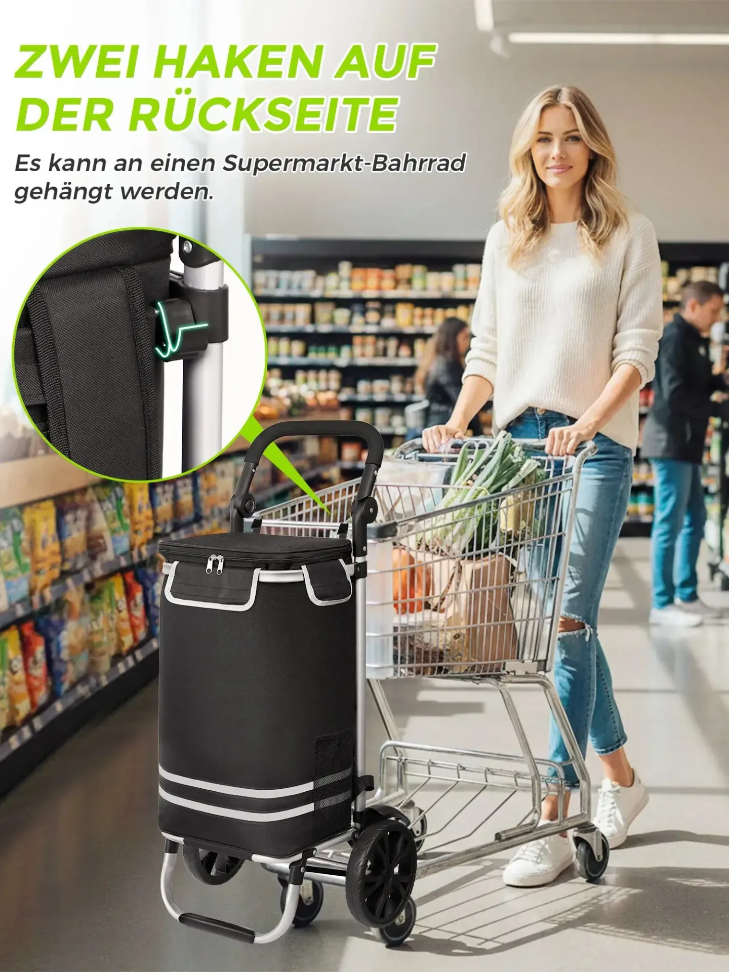 Wózek sklepowy 3w1 Oak & Tea - składany, lekki i wytrzymały (nośność 50 kg/56 l) z tkaniny Oxford z izolowaną wyściółką
