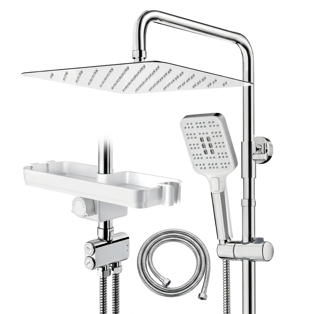 System prysznicowy chromowany z półką 30x30 cm, prysznic deszczowy kątowy, słuchawka prysznicowa (3 tryby), mosiężne konwertery, zestaw prysznicowy bez baterii.