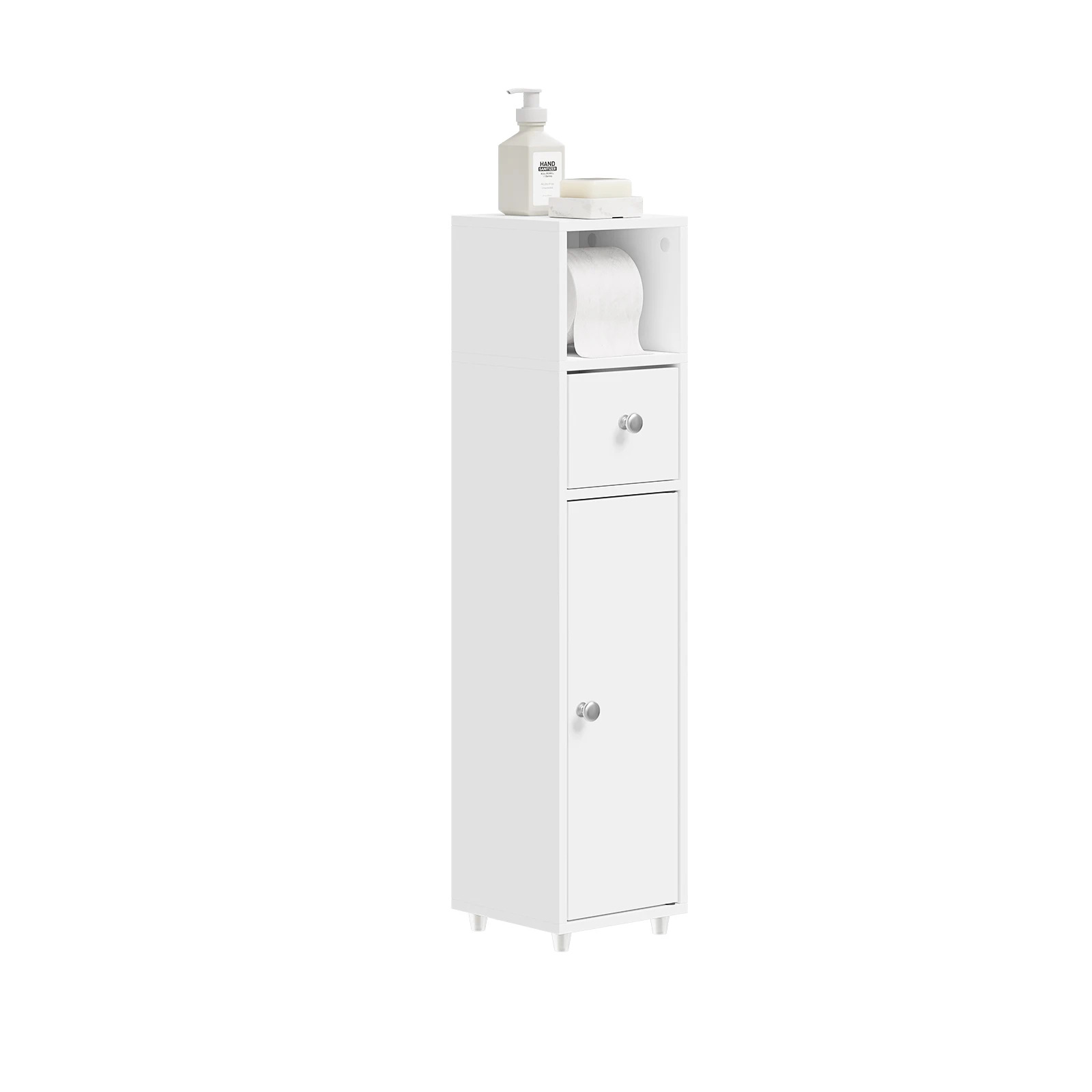 SoBuy BZR219-W wąska szafka łazienkowa, 20 cm, szafka wnękowa z uchwytem na kółkach i szufladą, biała do małych pomieszczeń, szafka toaletowa, stojąca szafka wnękowa do łazienki i WC