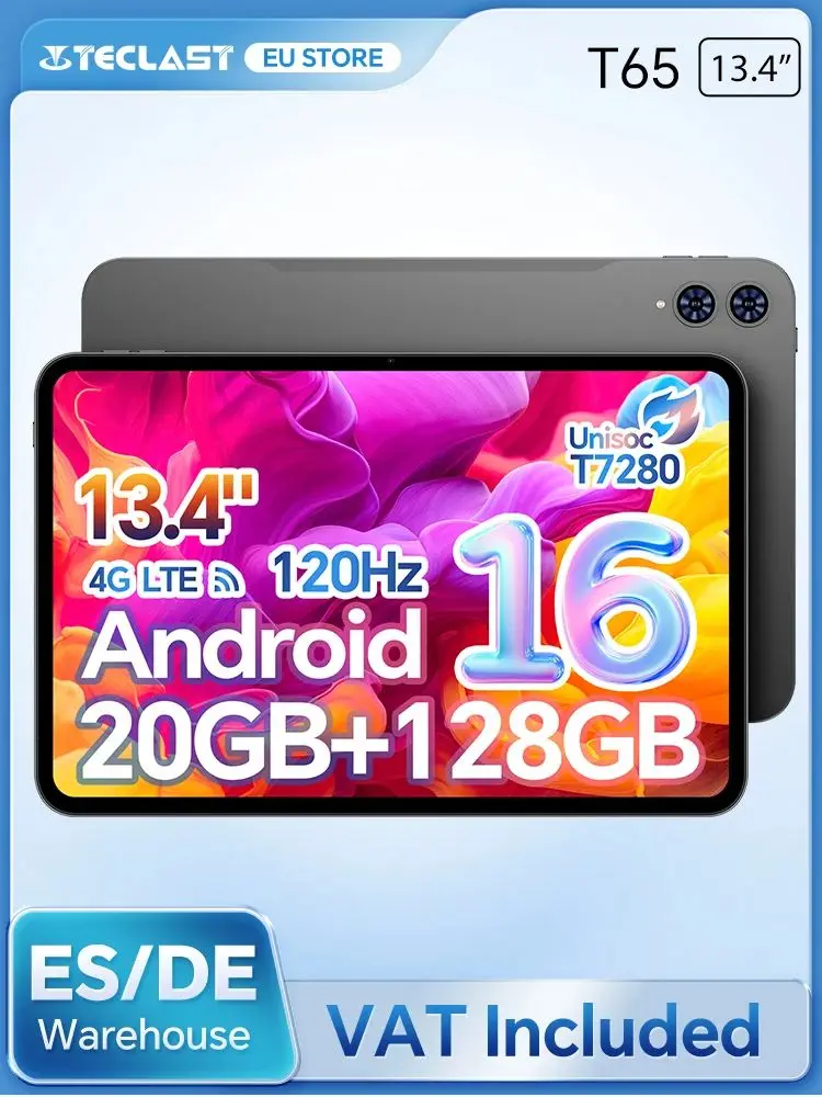 Tablet Android Teclast T65, ekran 13,4 cala 120Hz, procesor Octa-Core T7280, maks. 20 GB RAM, 128 GB ROM (do 1 TB), 4G LTE, 8000 mAh, Widevine L1