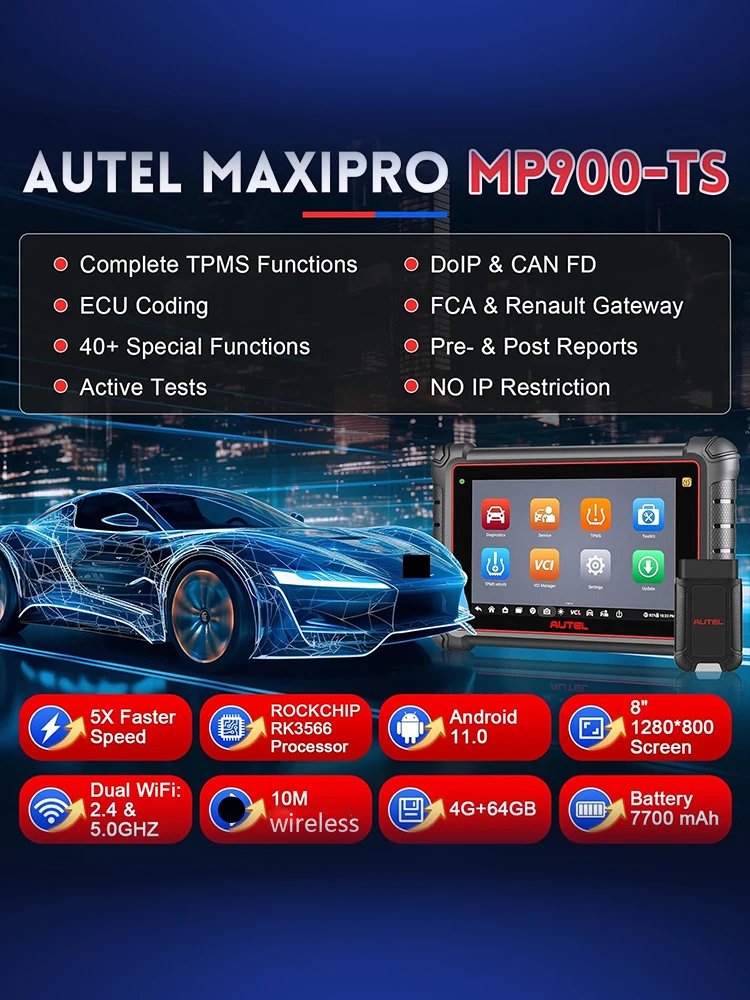 Autel Scanner MaxiPRO MP900TS, Najlepszy skaner TPMS i programator ECU, z funkcją kodowania C0ding, jak MS906 Pro-TS 8-calowy dwukierunkowy skaner diagnostyczny MP900-TS, ponad 3000 testów, ponad