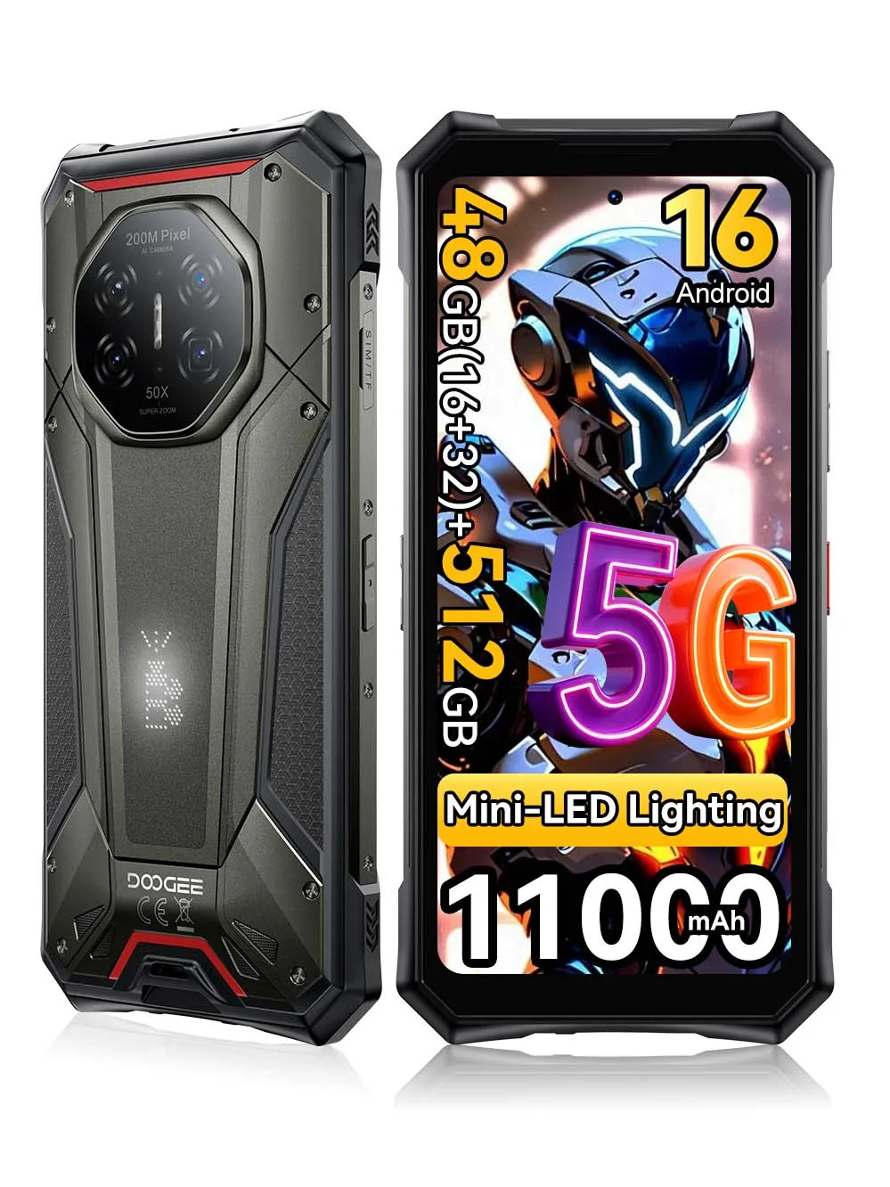 Wytrzymały smartfon DOOGEE S300 Pro, 48 GB (16+32) + 512 GB, 5G, NFC, Dimensity 8300, bateria 11000 mAh, ładowanie 66 W, 6,78-calowy ekran IPS FHD+ 120 Hz, aparat 200 MP, Android 16, oświetlenie czarny