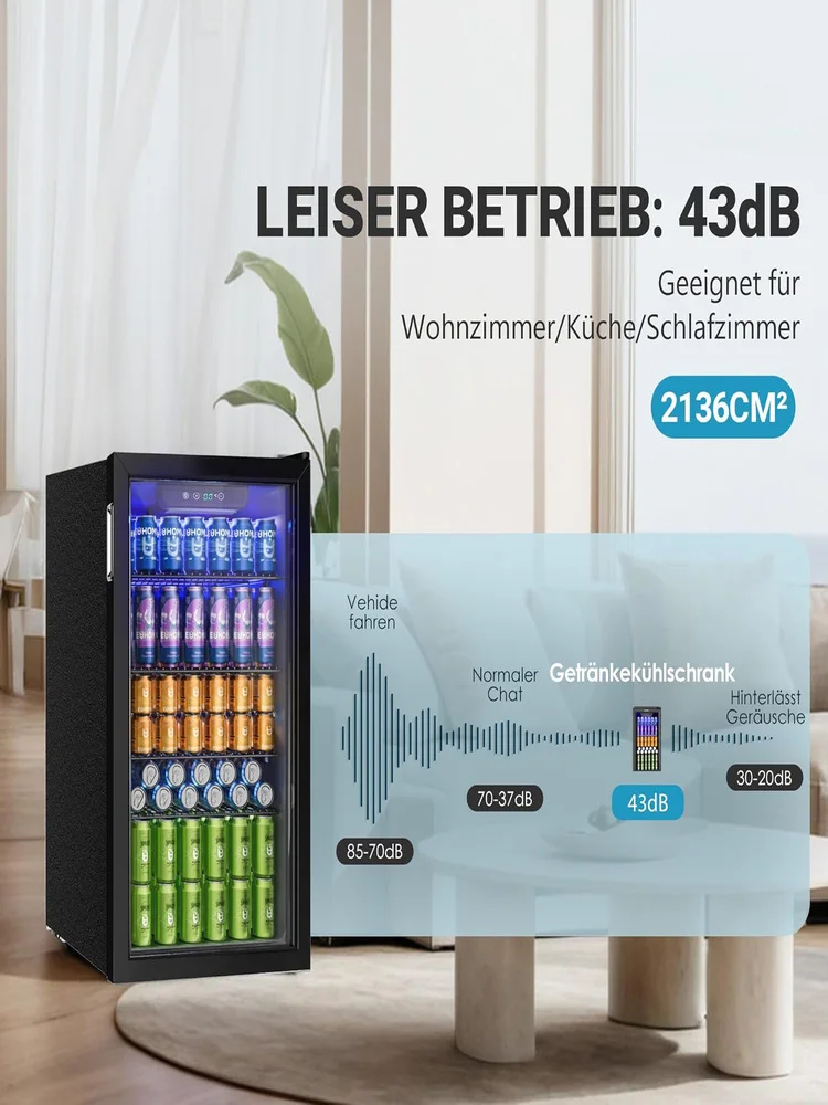 Lodówka na napoje z szklanymi drzwiami na 126 puszek, regulowane półki, na piwo/wino, do domu/baru/biura, czarna stal nierdzewna