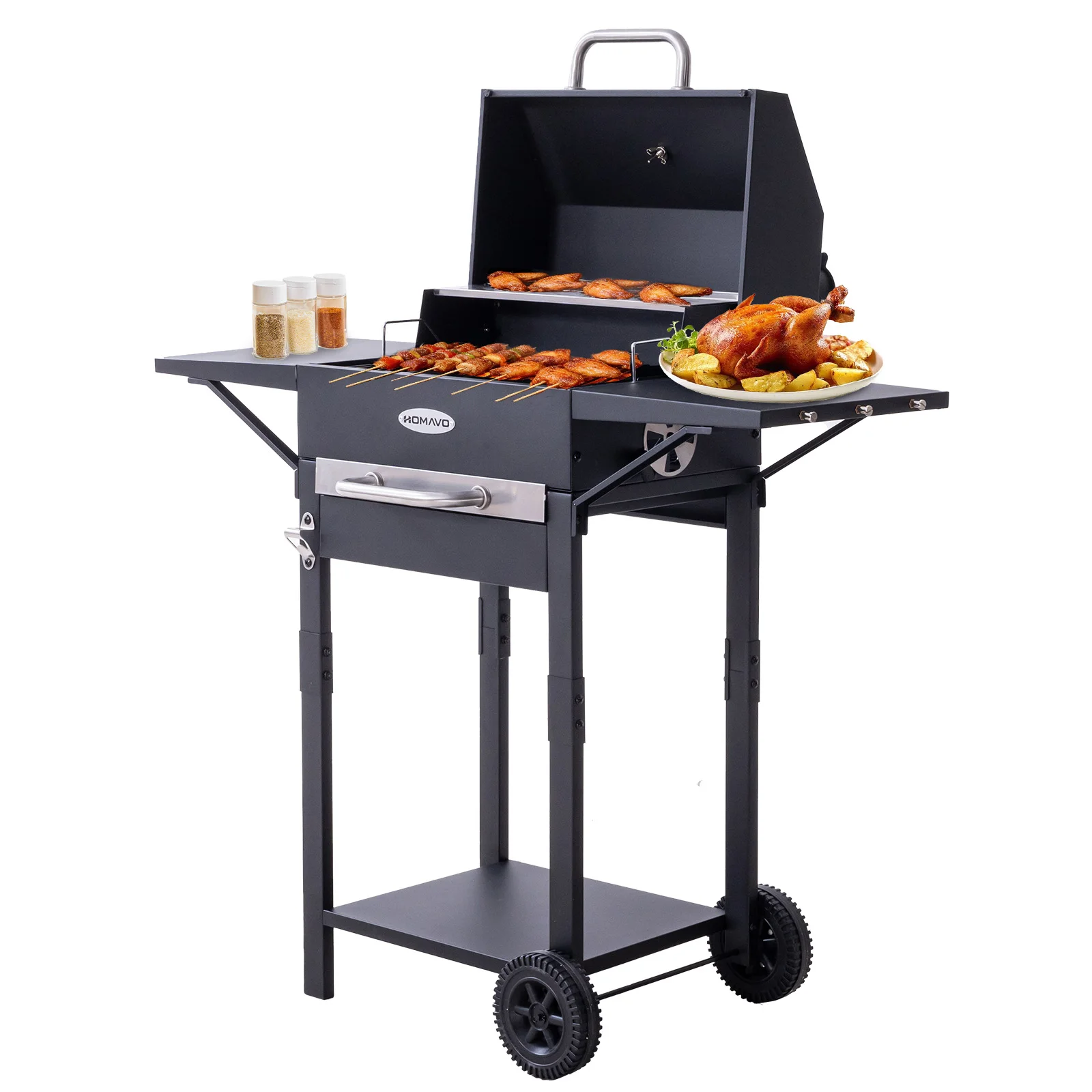 HOMAVO Grill węglowy, emaliowany ruszt główny, z rusztem do podgrzewania/ termometrem/ kominem/ półką boczną/ kółkami, w zestawie pokrowiec ochronny oraz otwieracz do butelek + haczyki + zestaw