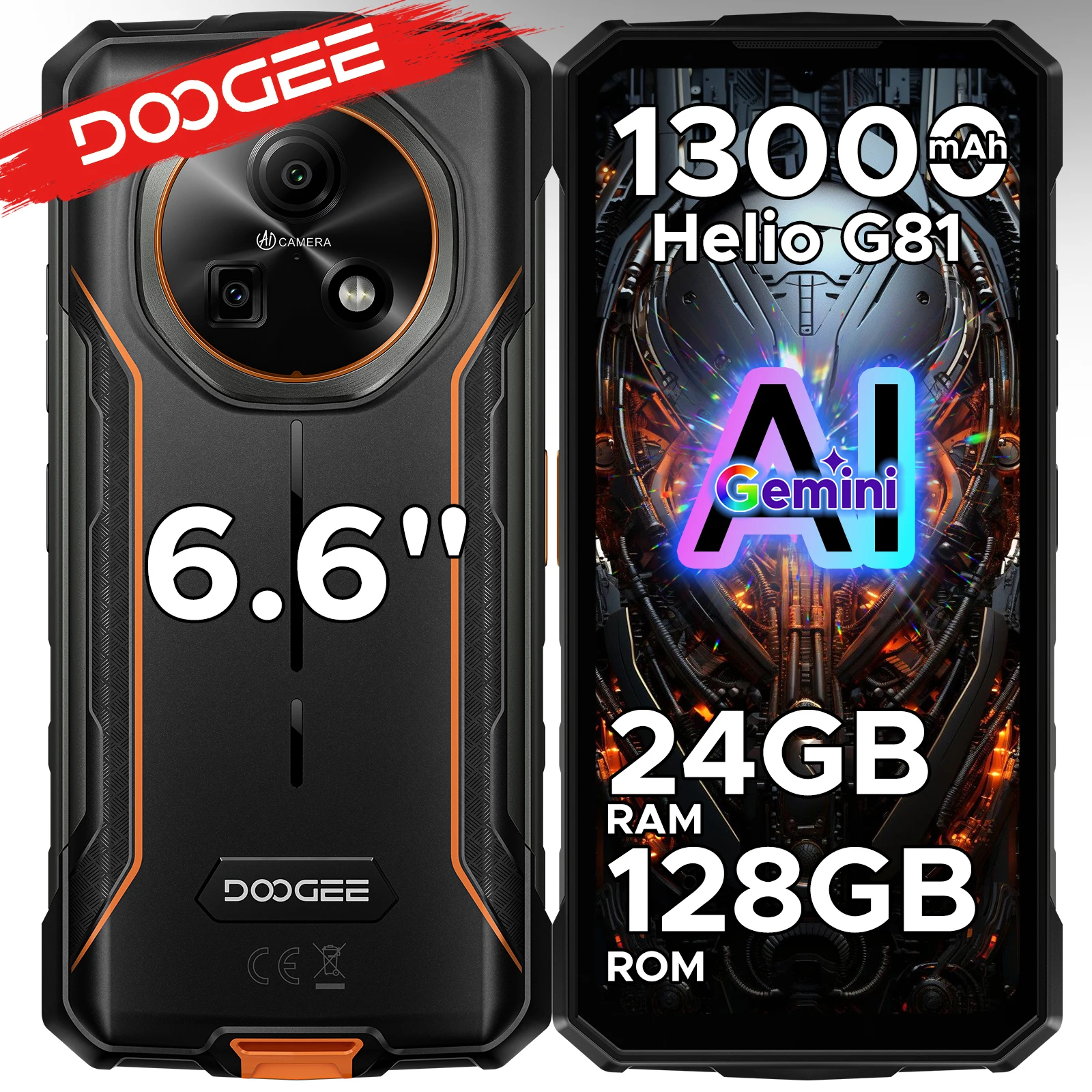 DOOGEE Fire 5 Pro Gemini Ai Wytrzymały Telefon Komórkowy 13000mAh Bateria Helio G81 24GB RAM (4+20) 128GB ROM 6.6