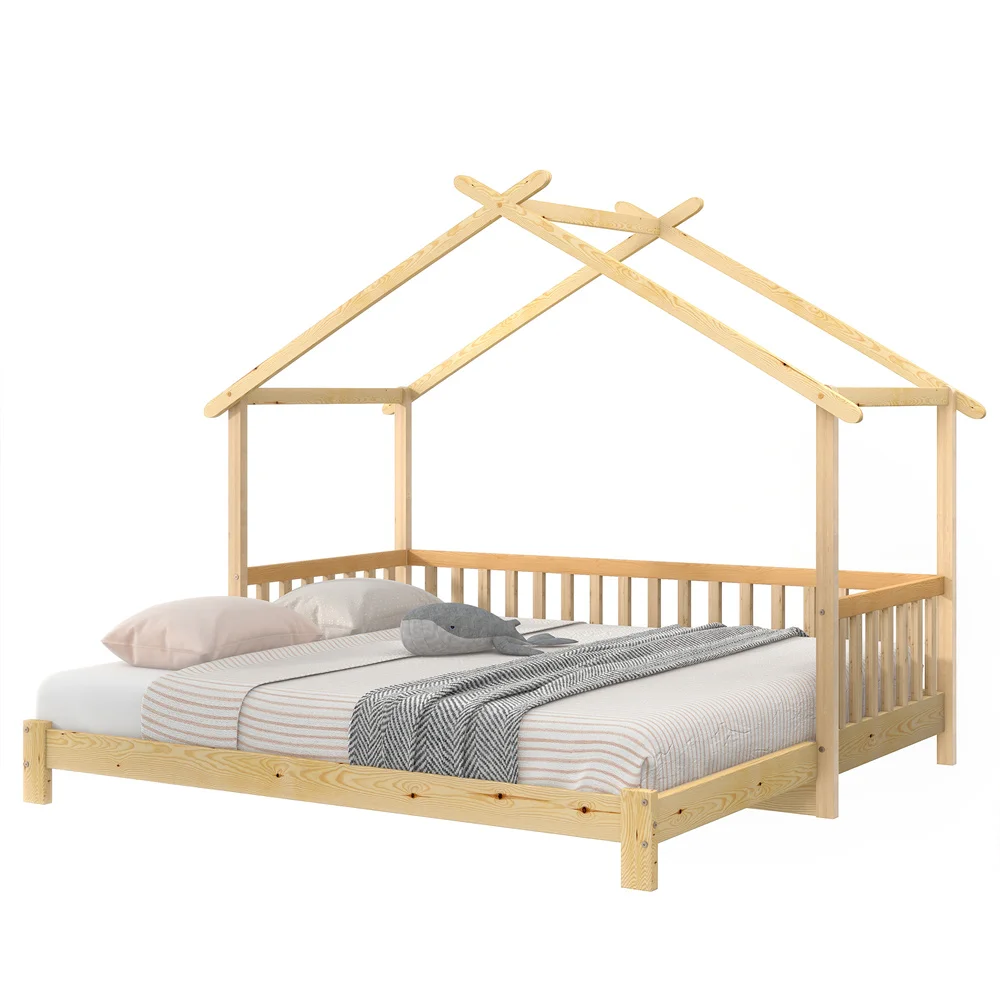 Rozkładane łóżko w kształcie domku na drzewie 90x200cm, łóżko domowe, łóżeczko, leżanka, łóżko pojedyncze i podwójne, drewno lite, naturalne, bez materaca