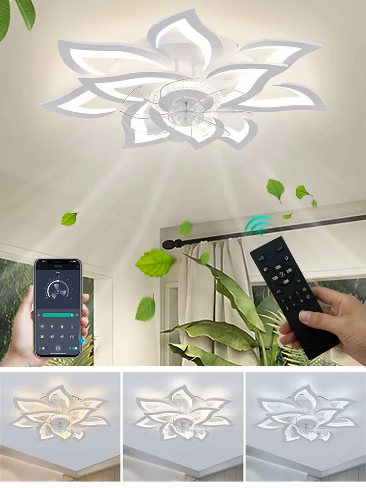 Inteligentny wentylator sufitowy w kwiaty z regulowanym oświetleniem LED, sterowanie pilotem i aplikacją, funkcja czasowa, cichy tryb z niewidocznymi łopatami, nowoczesne oświetlenie do sypialni i