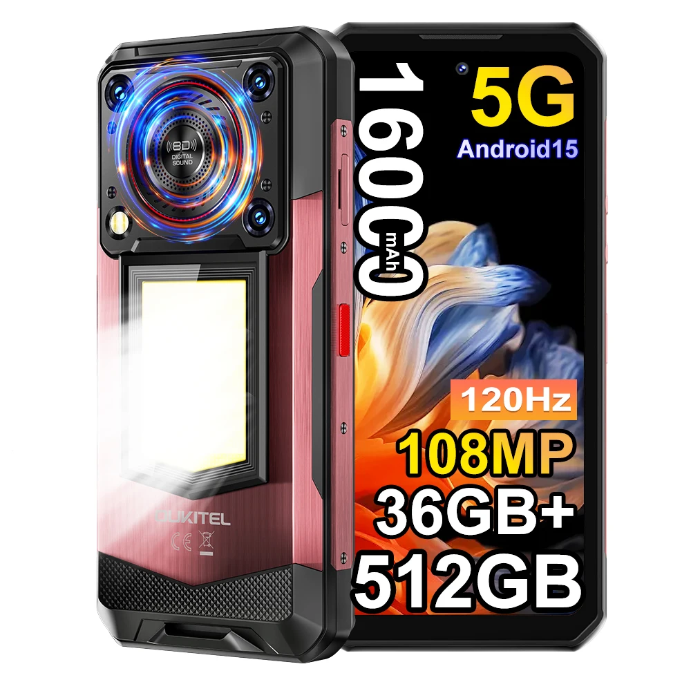 Smartfon OUKITEL WP56 36GB (12+24) 512GB Android 15 16000 mAh 45W Lampa kempingowa 6.8'' 120Hz 128dB 108 MP Telefon komórkowy 5G