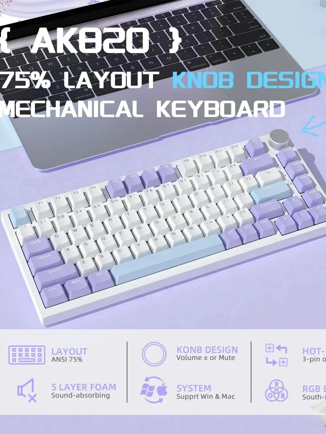 AJAZZ AK820 75% Klawiatura Mechaniczna Gamingowa Przewodowa z Pokrętłem Głośności, Podświetlenie LED w Kierunku Południa, Nakładki na Klawisze PBT, Programowalna RGB, Wymienny Moduł Hot-Swap