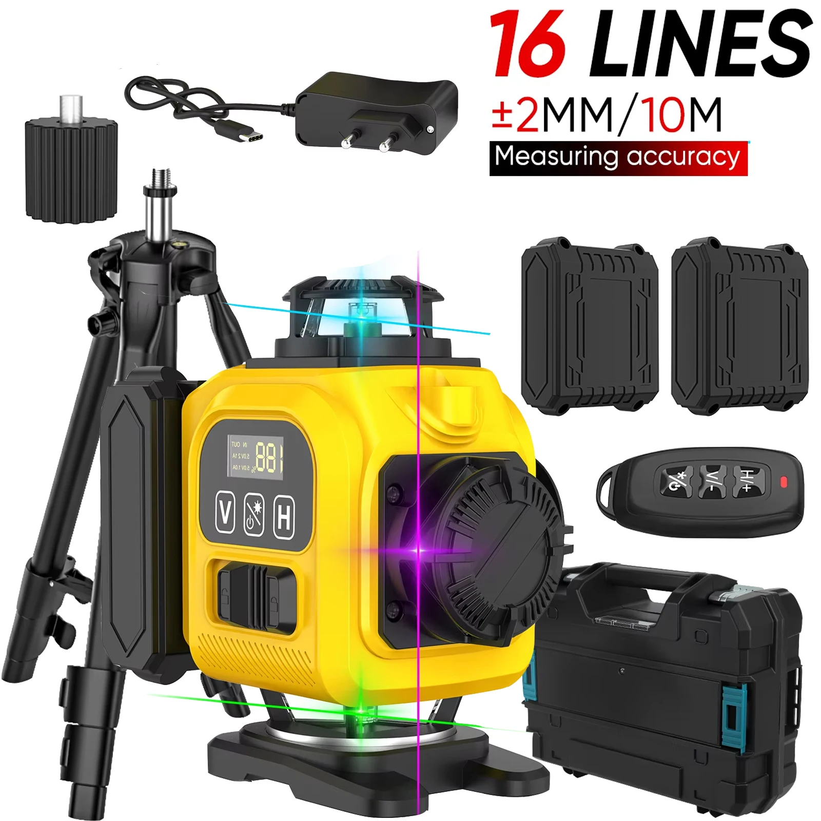 Profesjonalna 16-liniowa poziomica laserowa 4D z automatycznym obracaniem 360 stopni ° Poziome i pionowe linie laserowe, poziomice laserowe z wyświetlaczem mocy, zielona wiązka laserowa
