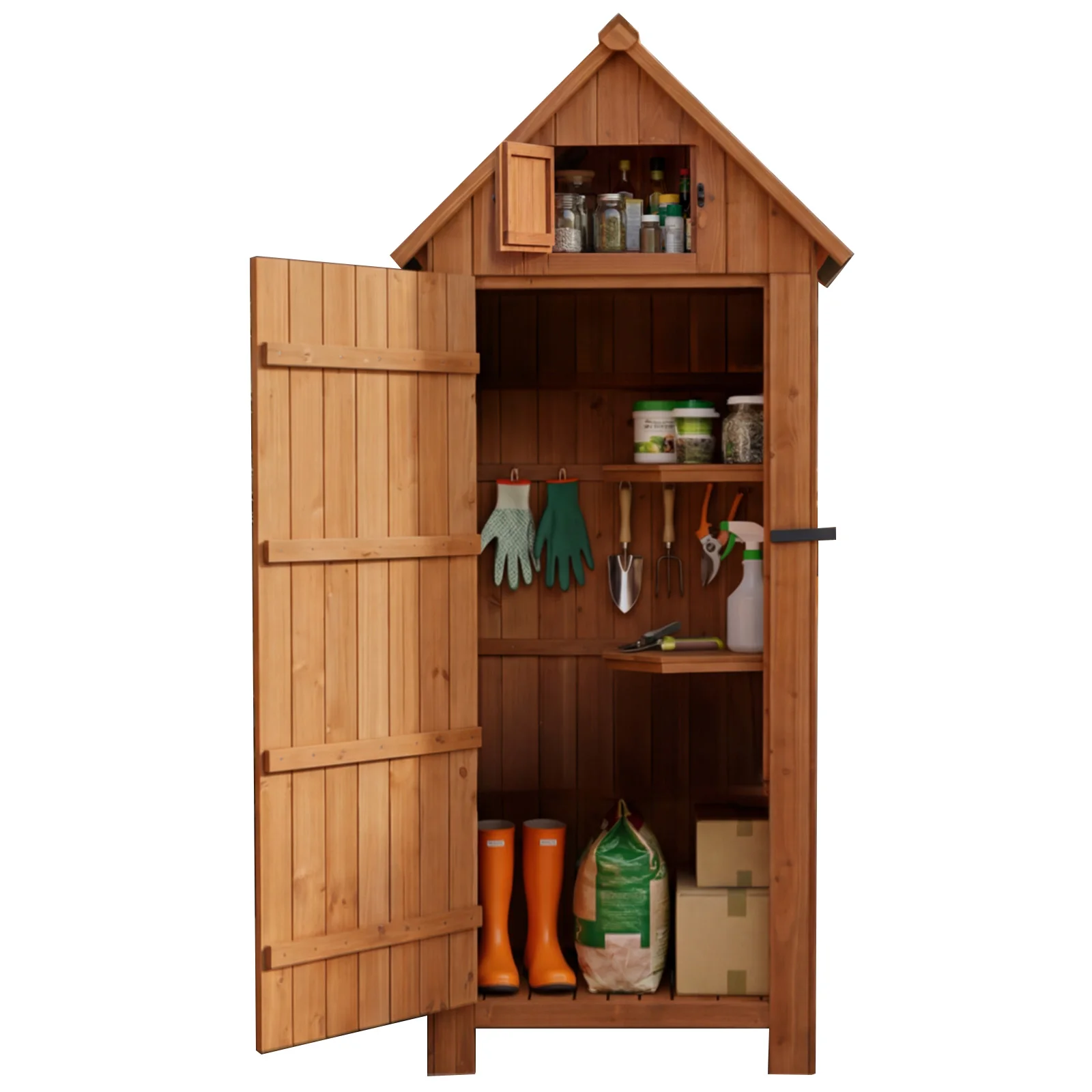 HOMAVO Drewniany domek gospodarczy z ochroną UV i dachem jednospadowym, drewniany ogrodowy domek z podłogą, 77 × 54,3 × 179 cm, szopa na narzędzia do ogrodu, tarasu, podwórka, trawnika