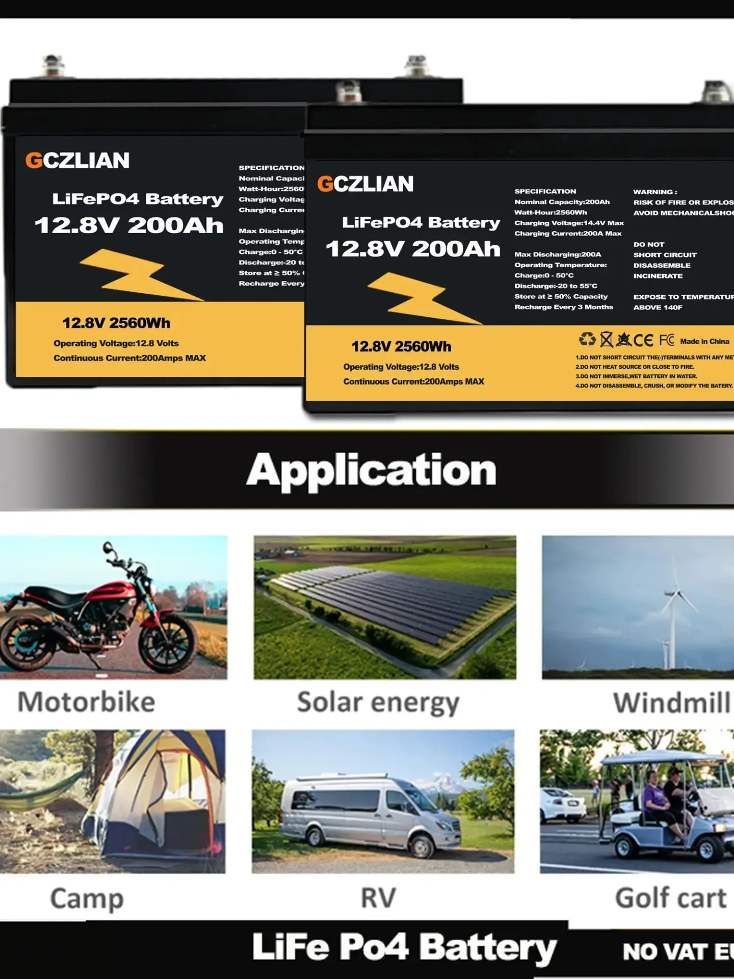 Akumulator GCZLIAN LiFePO4 12.8V 200Ah 2560Wh z BMS, ładowalny pakiet litowy do kampera, solarnego systemu, bez podatku