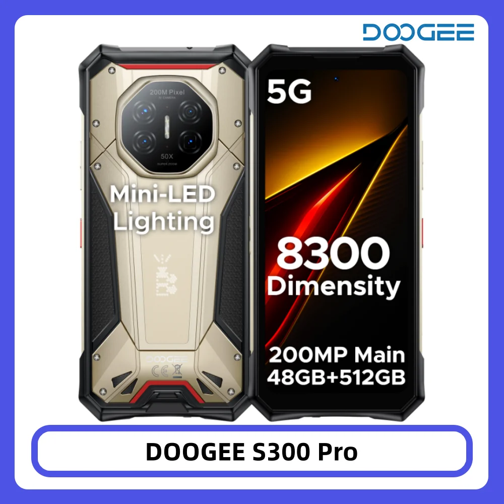 DOOGEE S300 Pro Wytrzymały Telefon Komórkowy 48GB+512GB Dimensity 8300 Bateria 11000mAh 66W 6.78” FHD+120Hz Aparat 200MP Android16 Smartfon