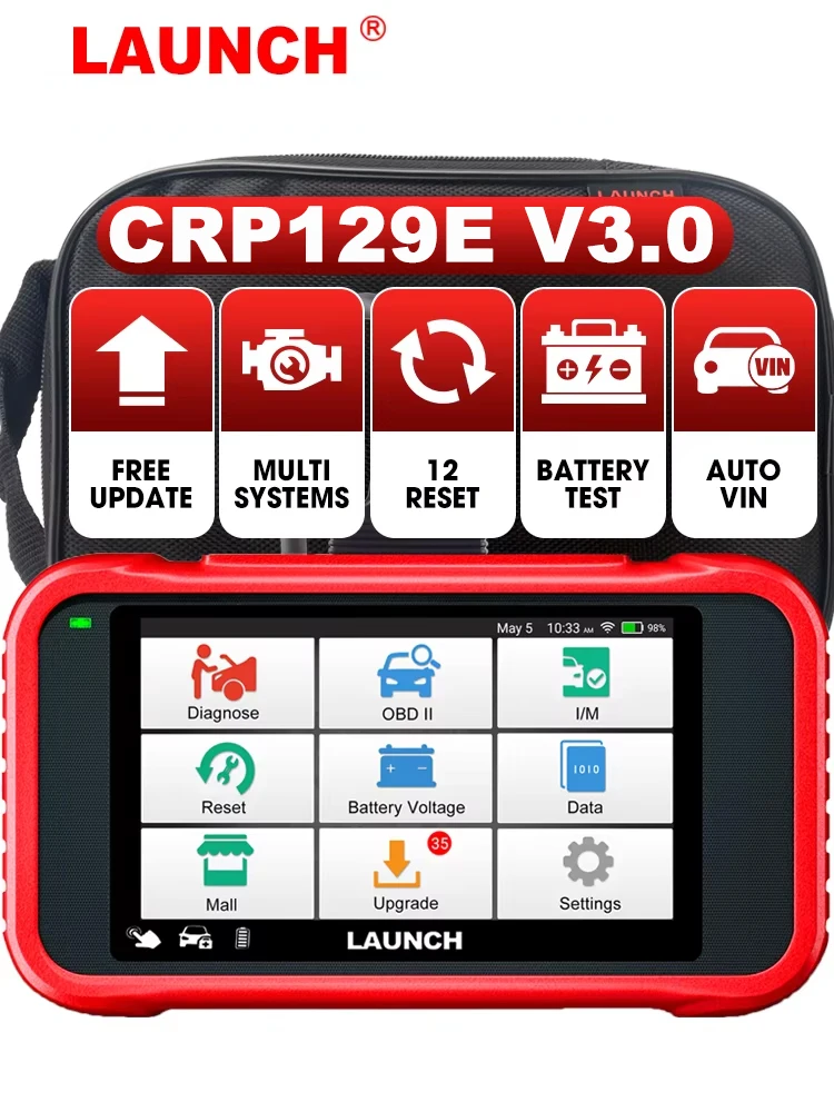 LAUNCH CRP129E V3.0 Skaner samochodowy OBD2 4 systemy: Silnik, ABS, SRS, AT, 12 Resetów (Olej/EPB/TPMS/BMS/Kodowanie Wtryskiwaczy), Odczepianie ABS, FCA Auto VIN